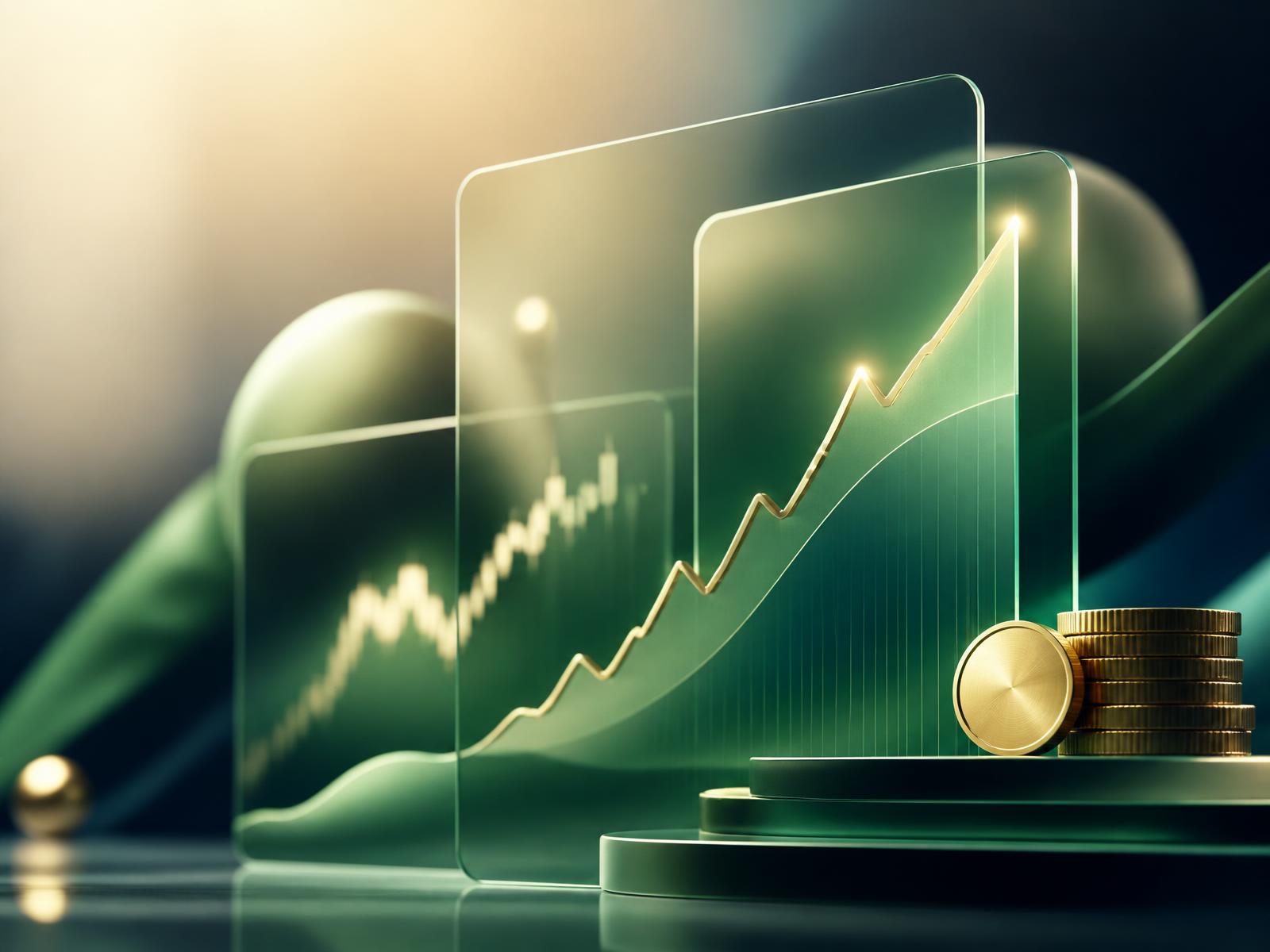 Layered glass panels showing a rising investment chart beside stacked gold coins